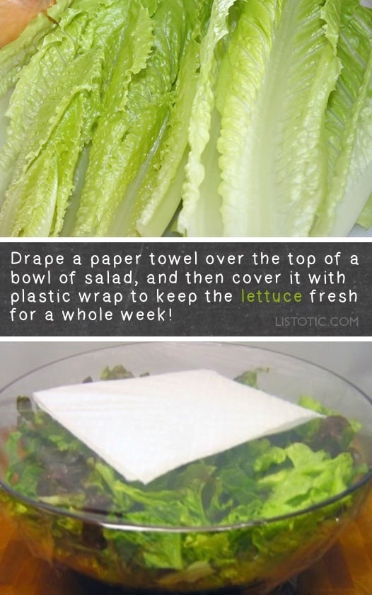 How to keep lettuce fresh in the fridge for longer! Lots of kitchen and food tips and tricks here! Organization and life hacks everyone should know. Listotic.com