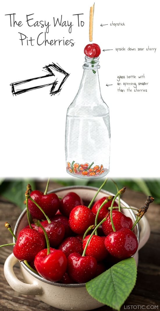 How to pit cherries easily without a pitter! This kitchen and food tip with save you a ton of time and headaches. Lots of food, cooking and kitchen hacks here to help you stay organized. Listotic.com