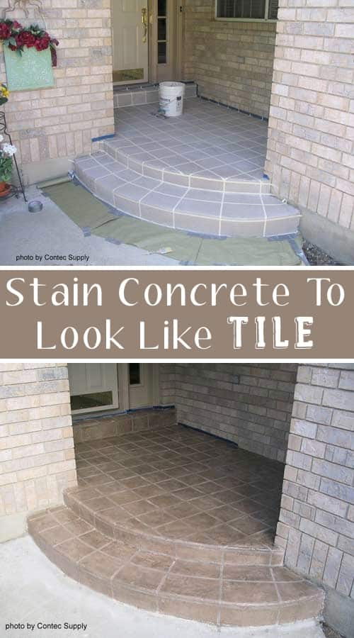 Use concrete stain to make a faux tile entry! ~ I love these curb appeal ideas and exterior makeovers! Lots of easy DIY projects on a budget for your entryway, landscaping, porch, front yard, garage doors and more! Before and after photos included. | Listotic.com