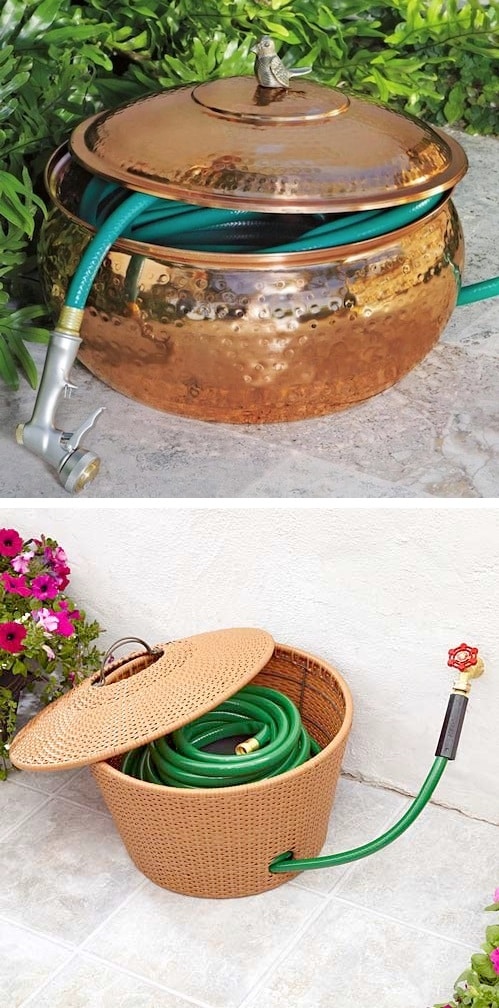 ¡Mantén tu manguera oculta en una maceta! ~ Me encantan estas ideas para mejorar la fachada y los exteriores. ¡Un montón de proyectos de bricolaje fáciles con un presupuesto para su entrada, jardinería, porche, patio delantero, puertas de garaje y más! Antes y después de las fotos incluidas. | Listotic.com