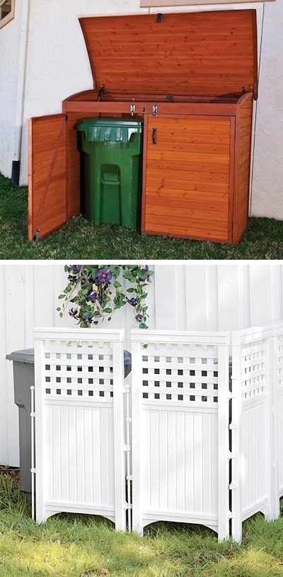 Keep those trash cans hidden! ~ I love these curb appeal ideas and exterior makeovers! Lots of easy DIY projects on a budget for your entryway, landscaping, porch, front yard, garage doors and more! Before and after photos included. | Listotic.com