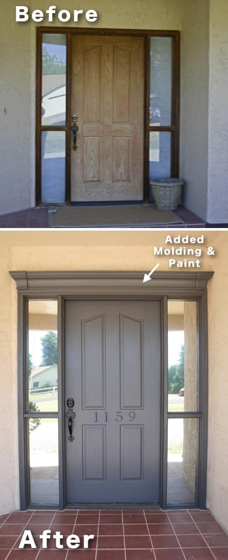 How to update your front door and entryway for cheap. -- Ich liebe diese Ideen zur Verschönerung der Fassade und des Außenbereichs! Viele einfache Heimwerker-Projekte mit kleinem Budget für Ihren Eingangsbereich, Landschaftsbau, Veranda, Vorgarten, Garagentore und mehr! Mit Vorher- und Nachher-Fotos. | Listotic.com