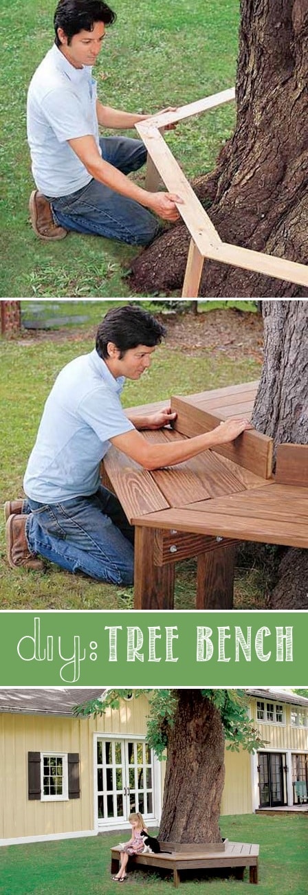 How to make a tree bench for your front yard. -- I love these curb appeal ideas and exterior makeovers! Lots of easy DIY projects on a budget for your entryway, landscaping, porch, front yard, garage doors and more! Before and after photos included. | Listotic.com