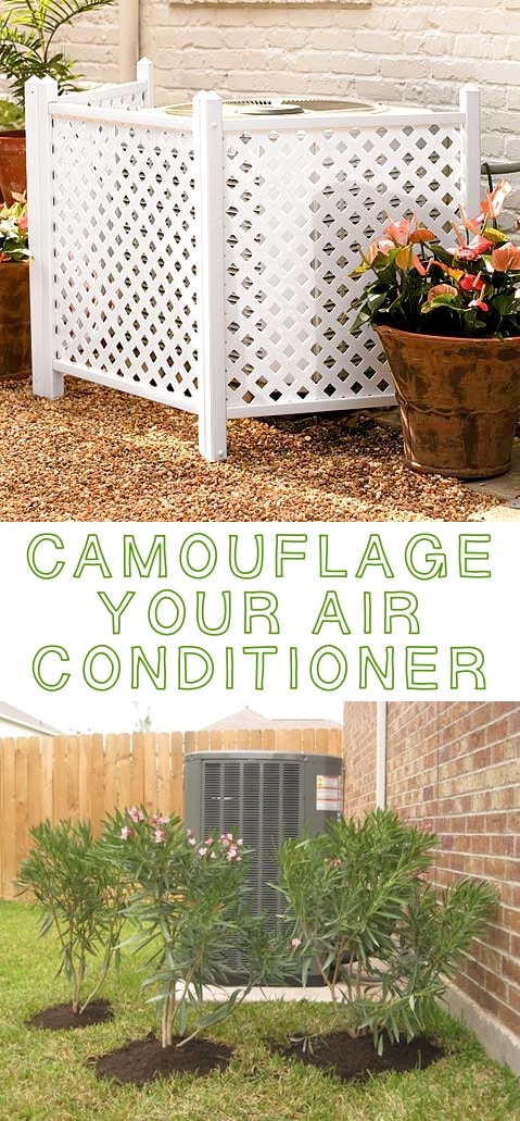 Hide your air conditioner! ~ I love these curb appeal ideas and exterior makeovers! Lots of easy DIY projects on a budget for your entryway, landscaping, porch, front yard, garage doors and more! Before and after photos included. | Listotic.com