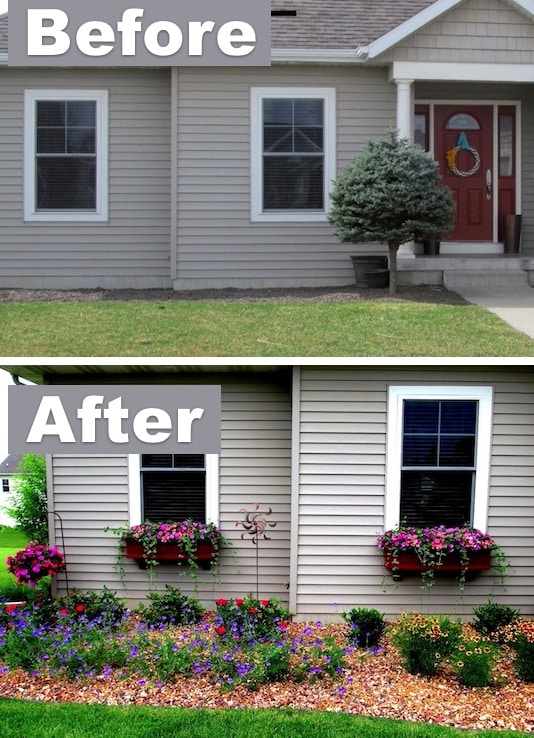  Add character with window boxes! ~ I love these curb appeal ideas and exterior makeovers! Lots of easy DIY projects on a budget for your entryway, landscaping, porch, front yard, garage doors and more! Before and after photos included. | Listotic.com