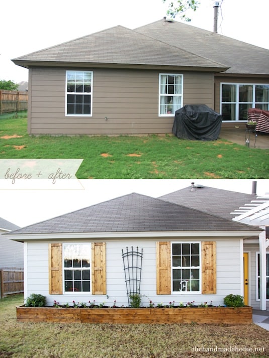 Shutters make a huge difference to your home's curb appeal! ~ I love these curb appeal ideas and exterior makeovers! Lots of easy DIY projects on a budget for your entryway, landscaping, porch, front yard, garage doors and more! Before and after photos included. | Listotic.com