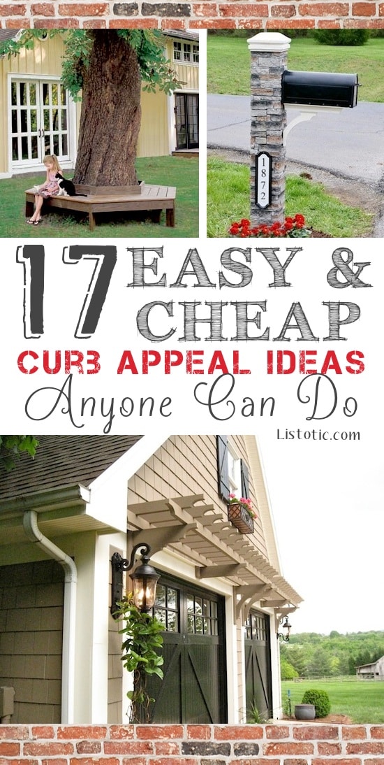 I love these curb appeal ideas and exterior makeovers! Lots of easy DIY projects on a budget for your entryway, landscaping, porch, front yard, garage doors and more! Before and after photos included. | Listotic.com