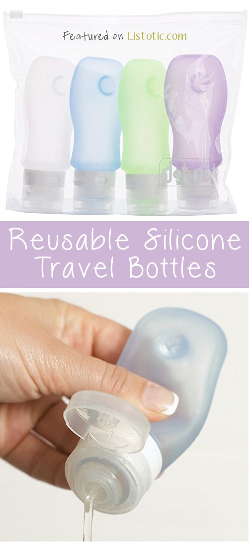 21 Genius Silicone Inventions -- Reusable travel bottles! They even have a suction cup so you can cling it to a shower wall or mirror.