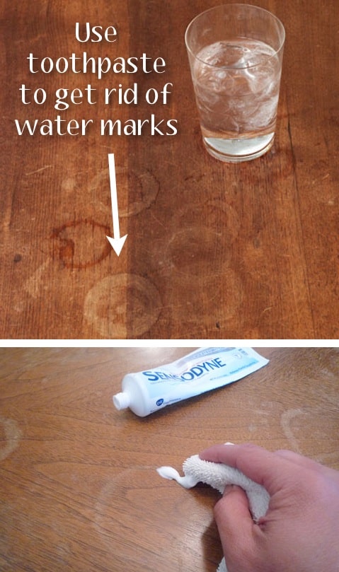 How to get rid of water marks on wood furniture with toothpaste -- Clever DIY life hacks every girl should know! For organization, crafts, ideas, beauty, school, home or just little tips and tricks that will make your life easier. Listotic.com 