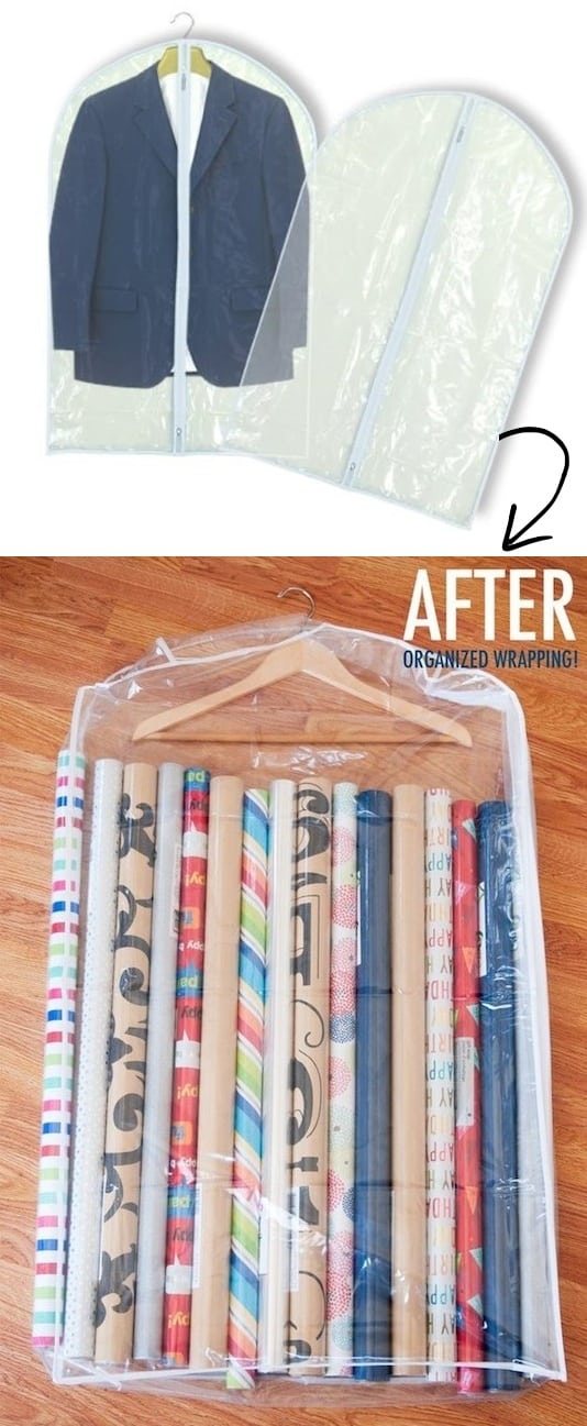 DIY Wrapping paper rolls storage idea -- A ton of easy and cheap organization and storage ideas for the home (car too!). A lot of these are really clever storage solutions for small spaces, bedrooms, bathrooms, closets, kitchens and apartments. | Listotic.com