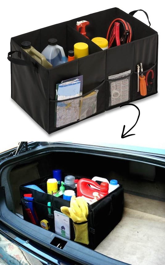 #22. Trunk Organizer and storage idea -- A ton of easy and cheap organization and storage ideas for the home (car too!). A lot of these are really clever storage solutions for small spaces, bedrooms, bathrooms, closets, kitchens and apartments. | Listotic.com