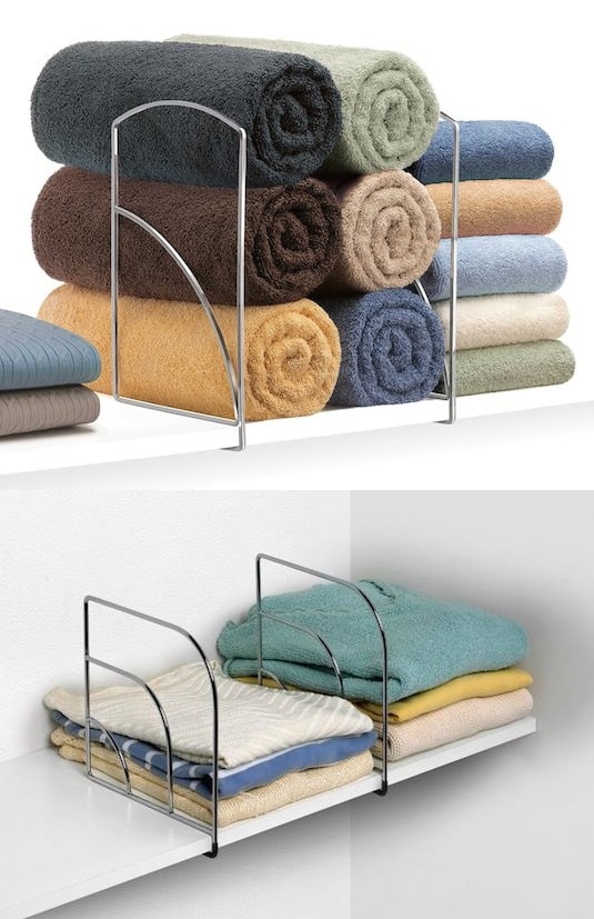 Shelf Dividers organizer idea -- A ton of easy and cheap organization and storage ideas for the home (car too!). A lot of these are really clever storage solutions for small spaces, bedrooms, bathrooms, closets, kitchens and apartments. | Listotic.com