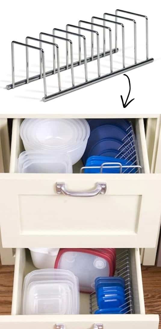 tupperware storage idea in drawers -- A ton of easy and cheap organization and storage ideas for the home (car too!). A lot of these are really clever storage solutions for small spaces, bedrooms, bathrooms, closets, kitchens and apartments. | Listotic.com