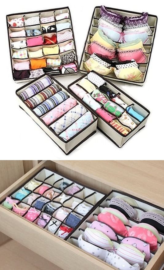 Drawer Organizers -- A ton of easy and cheap organization and storage ideas for the home (car too!). A lot of these are really clever storage solutions for small spaces, bedrooms, bathrooms, closets, kitchens and apartments. | Listotic.com