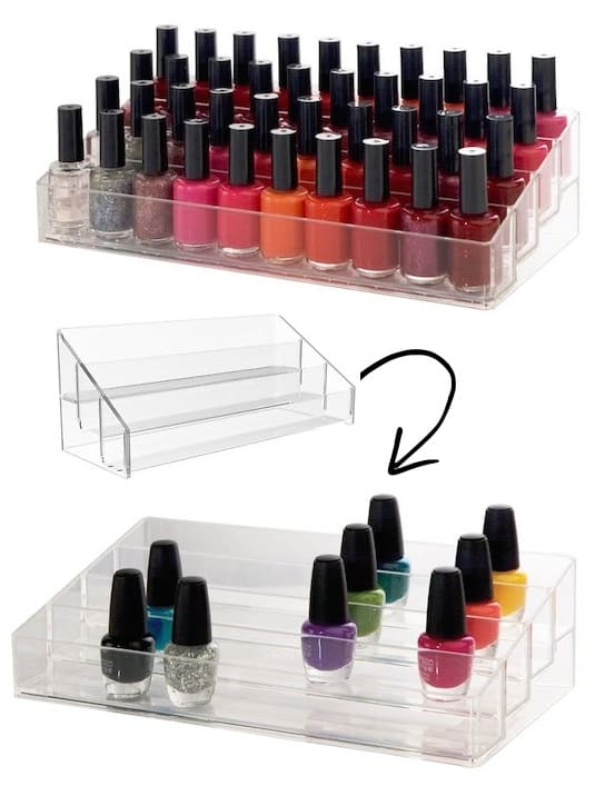Nail Polish Organizer Idea -- A ton of easy and cheap organization and storage ideas for the home (car too!). A lot of these are really clever storage solutions for small spaces, bedrooms, bathrooms, closets, kitchens and apartments. | Listotic.com