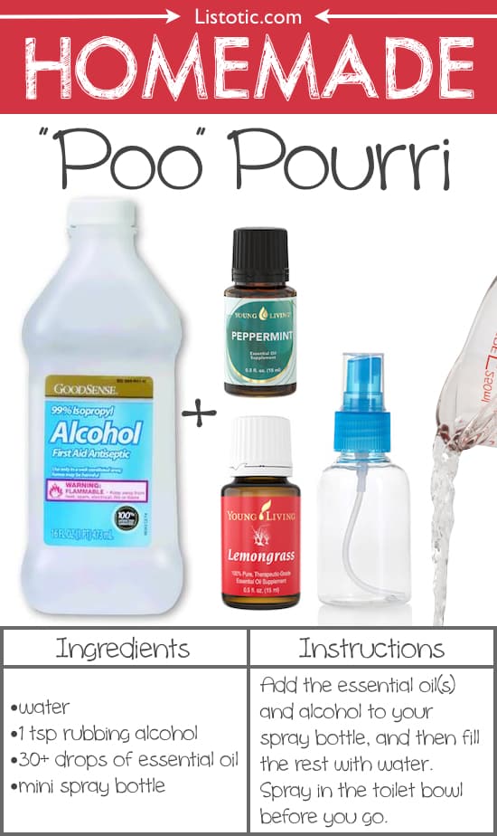 #12. Homemade Poo Pourri -- Spray it in the toilet BEFORE you go! This stuff is AMAZING! 22 Everyday Products You Can Easily Make From Home (for less!) These are all so much healthier, too!