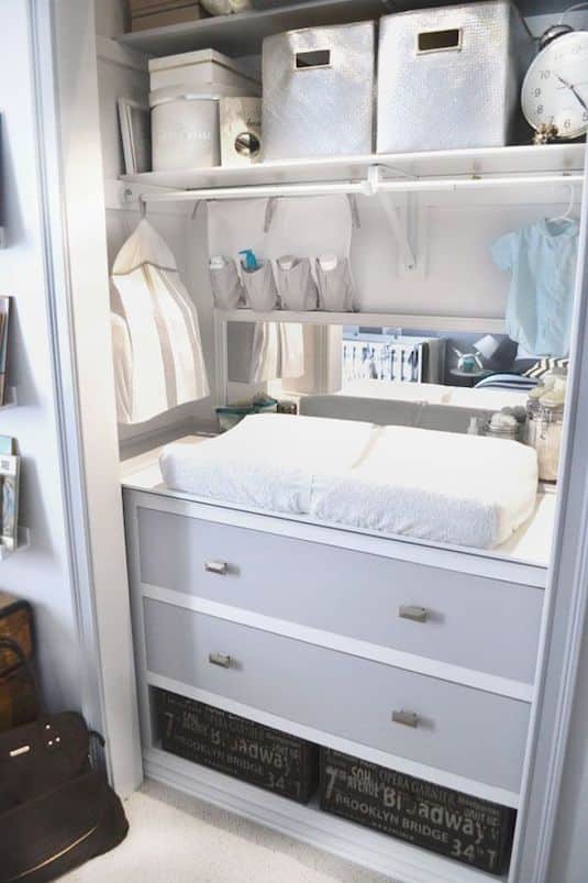 STorage ideas for small spaces Use closets for furniture in small bedrooms a nursery changing table inside a small closet opening and organized with all the necessities for baby. 