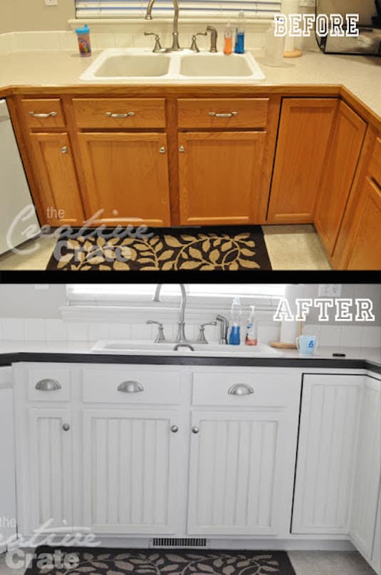 Easy way to update old cabinets for cheap. -- A list of some of the best home remodeling ideas on a budget. Easy DIY, cheap and quick updates for your kitchen, living room, bedrooms and bathrooms to help sell your house! Lots of before and after photos to get you inspired! Fixer Upper, here we come. Listotic.com