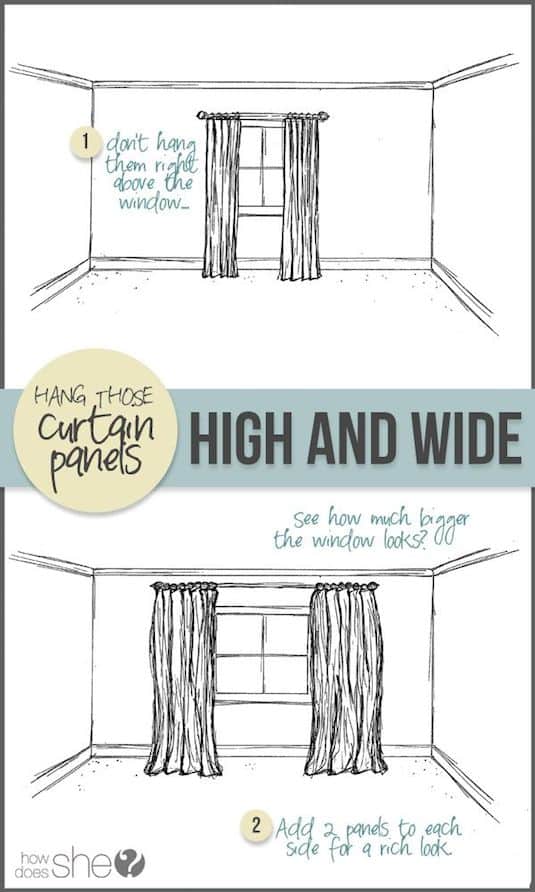 Curtain hanging tip. -- A list of some of the best home remodeling ideas on a budget. Easy DIY, cheap and quick updates for your kitchen, living room, bedrooms and bathrooms to help sell your house! Lots of before and after photos to get you inspired! Fixer Upper, here we come. Listotic.com