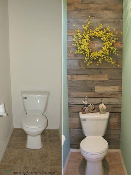 How to install a wood accent wall in your bathroom. -- A list of some of the best home remodeling ideas on a budget. Easy DIY, cheap and quick updates for your kitchen, living room, bedrooms and bathrooms to help sell your house! Lots of before and after photos to get you inspired! Fixer Upper, here we come. Listotic.com