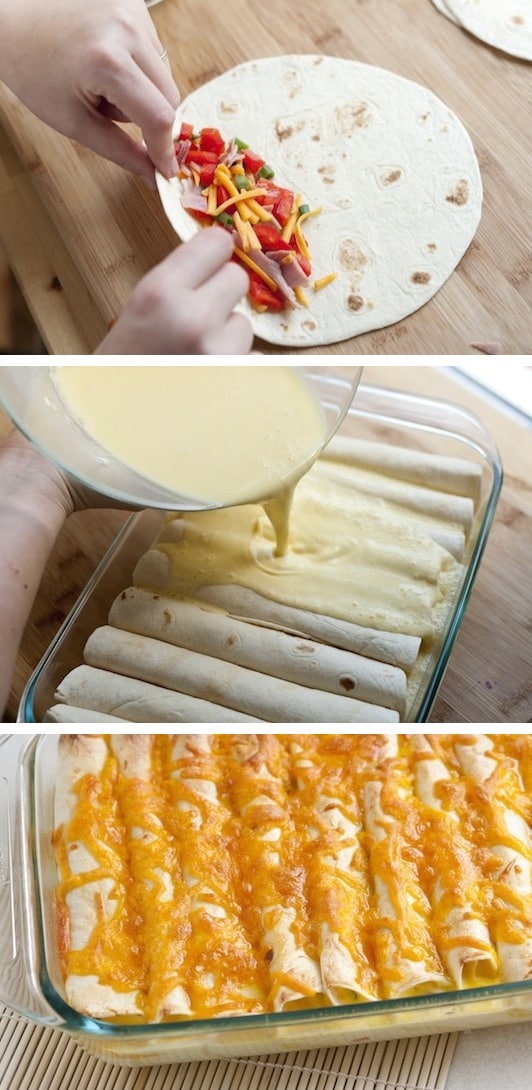 Breakfast Enchiladas (baked in an egg custard!) -- Quick, fast and easy breakfast recipe ideas for a crowd (brunches and potlucks)! Some of these are make ahead, some are healthy, and some are simply amazing! Everything from eggs to crockpot casseroles! Your mornings just got a little better. Listotic.com