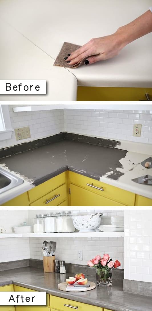 Easy way to update laminate countertops for cheap on a budget. -- A list of some of the best home remodeling ideas on a budget. Easy DIY, cheap and quick updates for your kitchen, living room, bedrooms and bathrooms to help sell your house! Lots of before and after photos to get you inspired! Fixer Upper, here we come. Listotic.com