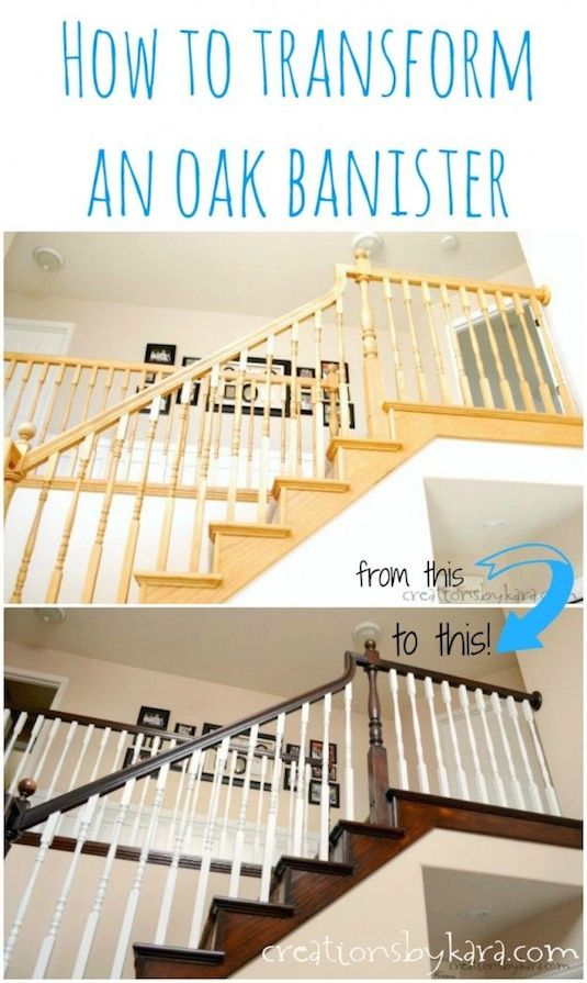 Update your oak banisters with paint and stain. -- A list of some of the best home remodeling ideas on a budget. Easy DIY, cheap and quick updates for your kitchen, living room, bedrooms and bathrooms to help sell your house! Lots of before and after photos to get you inspired! Fixer Upper, here we come. Listotic.com