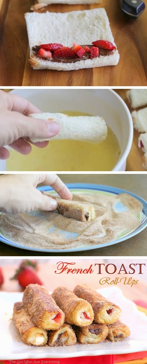 French Toast Roll-Ups -- Quick, fast and easy breakfast recipe ideas for a crowd (brunches and potlucks)! Some of these are make ahead, some are healthy, and some are simply amazing! Everything from eggs to crockpot casseroles! Your mornings just got a little better. Listotic.com