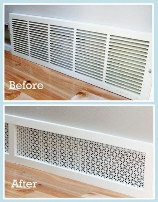 Give your return air grille a makeover. -- A list of some of the best home remodeling ideas on a budget. Easy DIY, cheap and quick updates for your kitchen, living room, bedrooms and bathrooms to help sell your house! Lots of before and after photos to get you inspired! Fixer Upper, here we come. Listotic.com