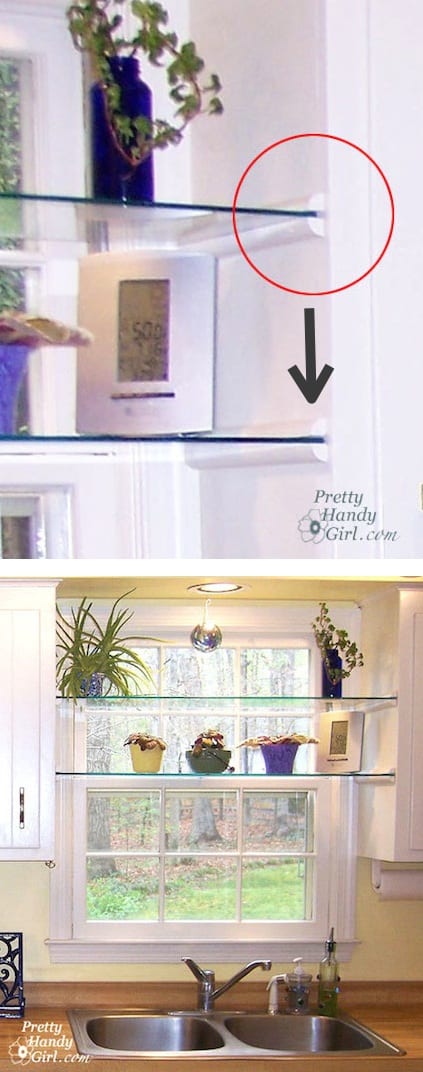 Install glass shelves in your kitchen window for plants and herbs! Great idea for small spaces. -- A list of some of the best home remodeling ideas on a budget. Easy DIY, cheap and quick updates for your kitchen, living room, bedrooms and bathrooms to help sell your house! Lots of before and after photos to get you inspired! Fixer Upper, here we come. Listotic.com