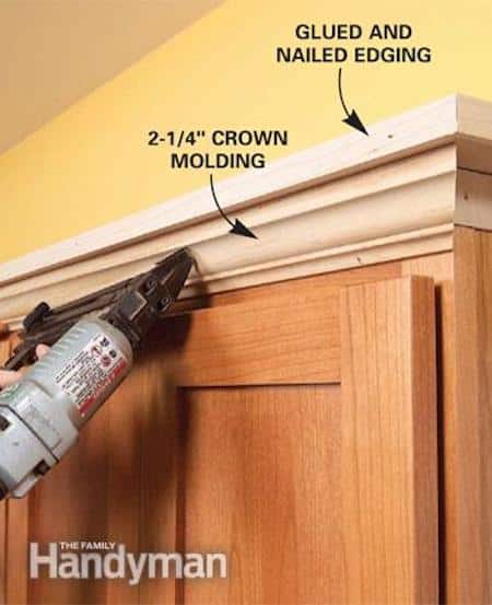 Add molding to the top of your builder grade cabinets to make them look more expensive and custom! -- A list of some of the best home remodeling ideas on a budget. Easy DIY, cheap and quick updates for your kitchen, living room, bedrooms and bathrooms to help sell your house! Lots of before and after photos to get you inspired! Fixer Upper, here we come. Listotic.com