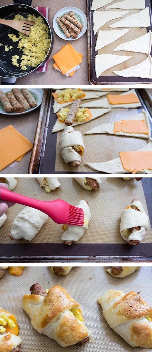 Sausage Egg Crescent Breakfast Roll-Ups -- Quick, fast and easy breakfast recipe ideas for a crowd (brunches and potlucks)! Some of these are make ahead, some are healthy, and some are simply amazing! Everything from eggs to crockpot casseroles! Your mornings just got a little better. Listotic.com