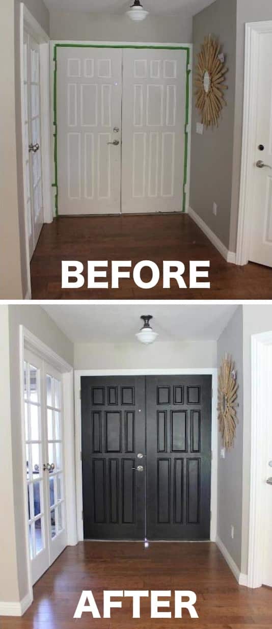 Paint the inside of your entry door a color that pops. Easy way to update your entryway! -- A list of some of the best home remodeling ideas on a budget. Easy DIY, cheap and quick updates for your kitchen, living room, bedrooms and bathrooms to help sell your house! Lots of before and after photos to get you inspired! Fixer Upper, here we come. Listotic.com