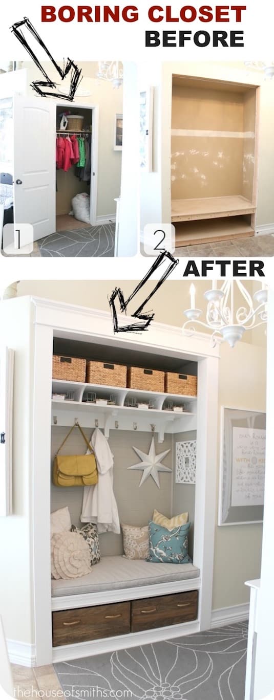 DIY Closet Makeover -- A list of some of the best home remodeling ideas on a budget. Easy DIY, cheap and quick updates for your kitchen, living room, bedrooms and bathrooms to help sell your house! Lots of before and after photos to get you inspired! Fixer Upper, here we come. Listotic.com