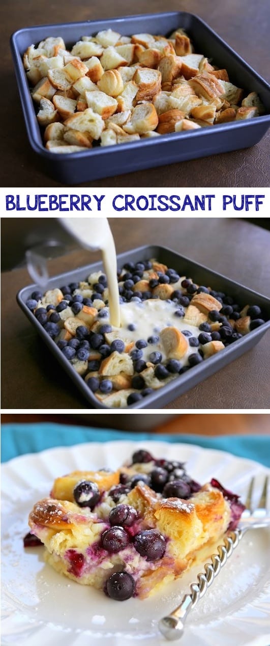 Blueberry Croissant Puff (like baked french toast!) -- Quick, fast and easy breakfast recipe ideas for a crowd (brunches and potlucks)! Some of these are make ahead, some are healthy, and some are simply amazing! Everything from eggs to crockpot casseroles! Your mornings just got a little better. Listotic.com