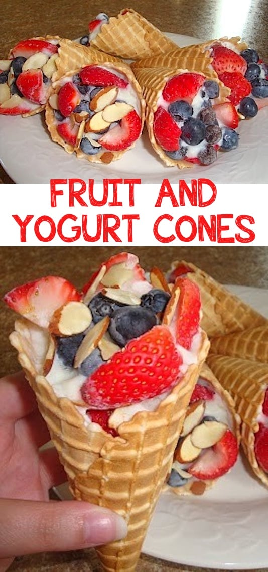 Conos de yogur con fruta (¡perfectos para acampar! Los niños los adoran.) -- ¡Recetas rápidas y de desayuno para una multitud (brunches y potlucks)! Algunas de ellas se pueden preparar con antelación, otras son saludables y otras son simplemente increíbles. ¡Todo, desde huevos hasta guisos en crockpot! Tus mañanas acaban de mejorar. Listotic.com