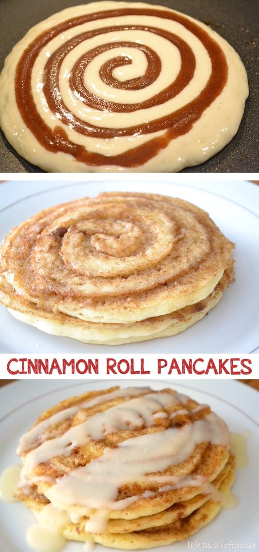 Cinnamon Roll Pancakes Recipe -- Quick, fast and easy breakfast recipe ideas for a crowd (brunches and potlucks)! Some of these are make ahead, some are healthy, and some are simply amazing! Everything from eggs to crockpot casseroles! Your mornings just got a little better. Listotic.com