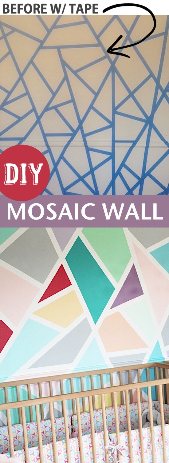 Easy DIY home decor idea for a bedroom: create a fun accent wall with painter's tape! This mosaic wall is easy enough for anyone to do! Super fun for a nursery or play room. Listotic.com 