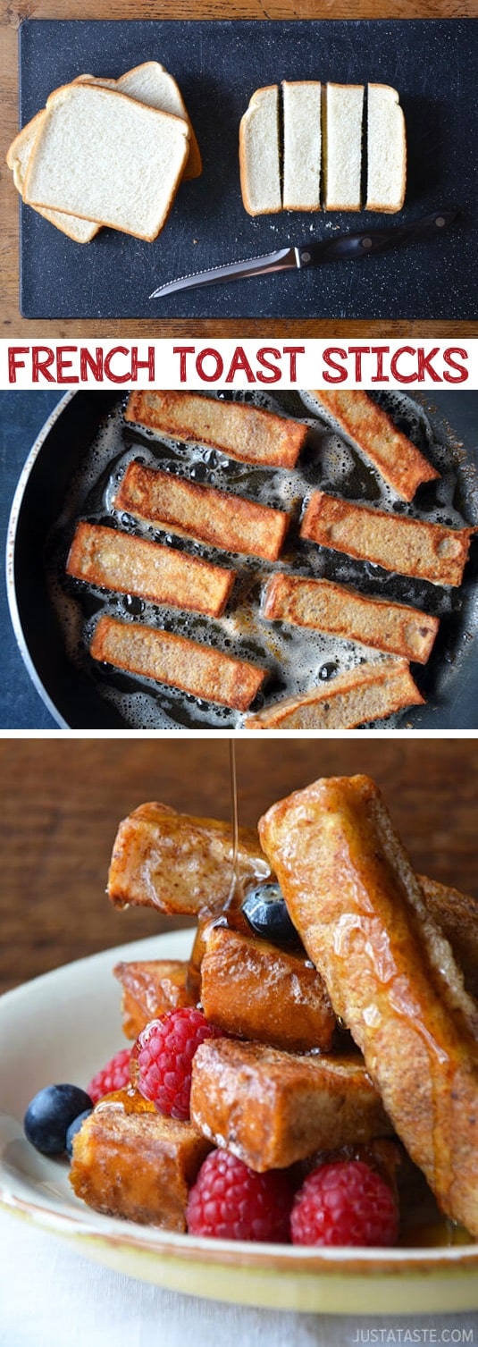 Easy French Toast Sticks (great for dipping!) Kids love these.-- Quick, fast and easy breakfast recipe ideas for a crowd (brunches and potlucks)! Some of these are make ahead, some are healthy, and some are simply amazing! Everything from eggs to crockpot casseroles! Your mornings just got a little better. Listotic.com