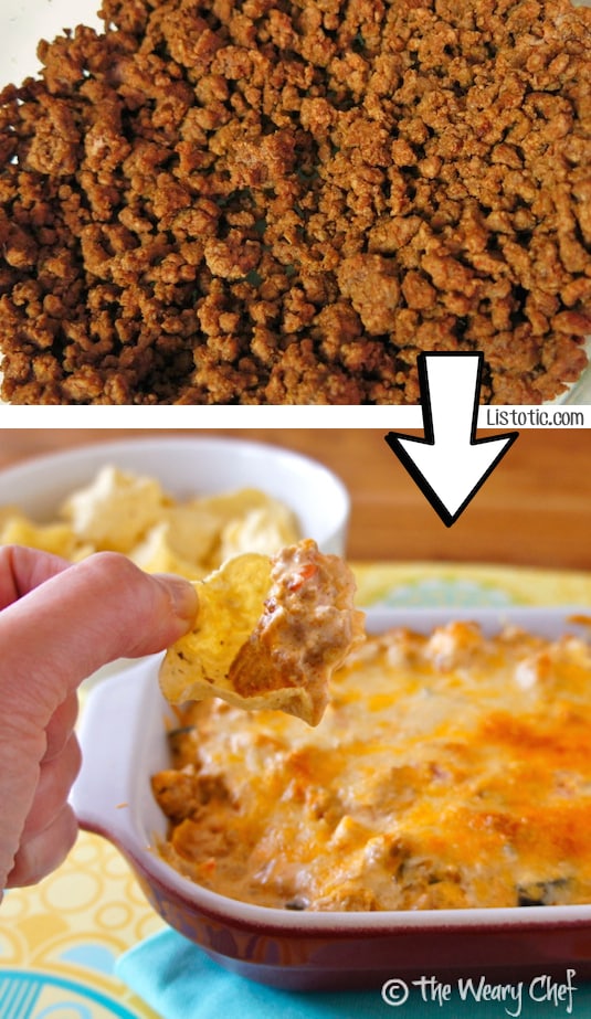 #3. Turn leftover ground beef into a cheesy mexican dip! | 24 Creative Ways To Use Leftovers