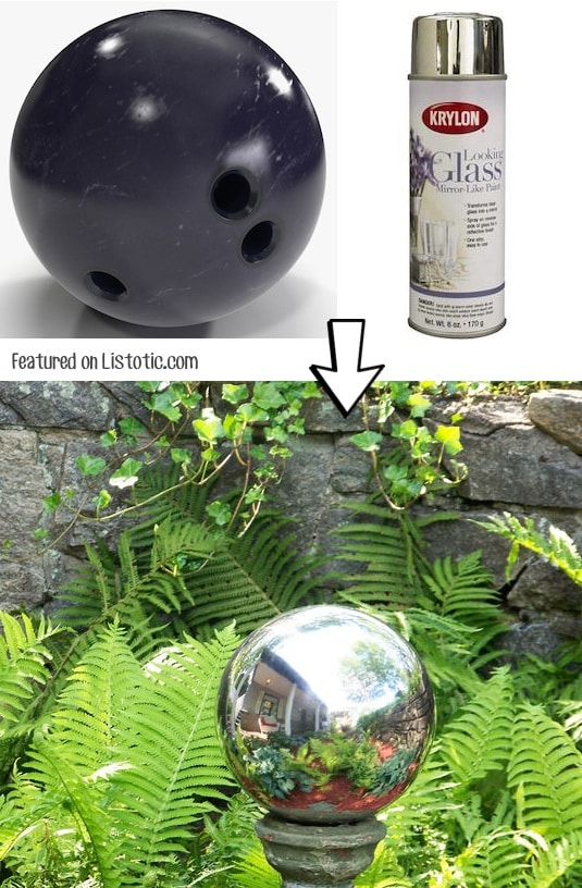 Make your own DIY mirrored gazing ball with spray paint! -- Home decor ideas for cheap! Lots of Awesome and Easy DIY spray paint ideas for projects, home decor, wall art and furniture!! This makes refurbishing old things so much fun! Just visit thrift stores and dollar stores to make things on a budget! Listotic.com