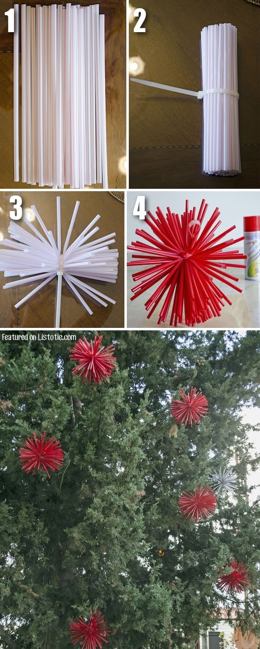 Make extra large ornaments with straws and spray paint. Awesome DIY Cheap Christmas decor idea!! -- Home decor ideas for cheap! Lots of Awesome and Easy DIY spray paint ideas for projects, home decor, wall art and furniture!! This makes refurbishing old things so much fun! Just visit thrift stores and dollar stores to make things on a budget! Listotic.com