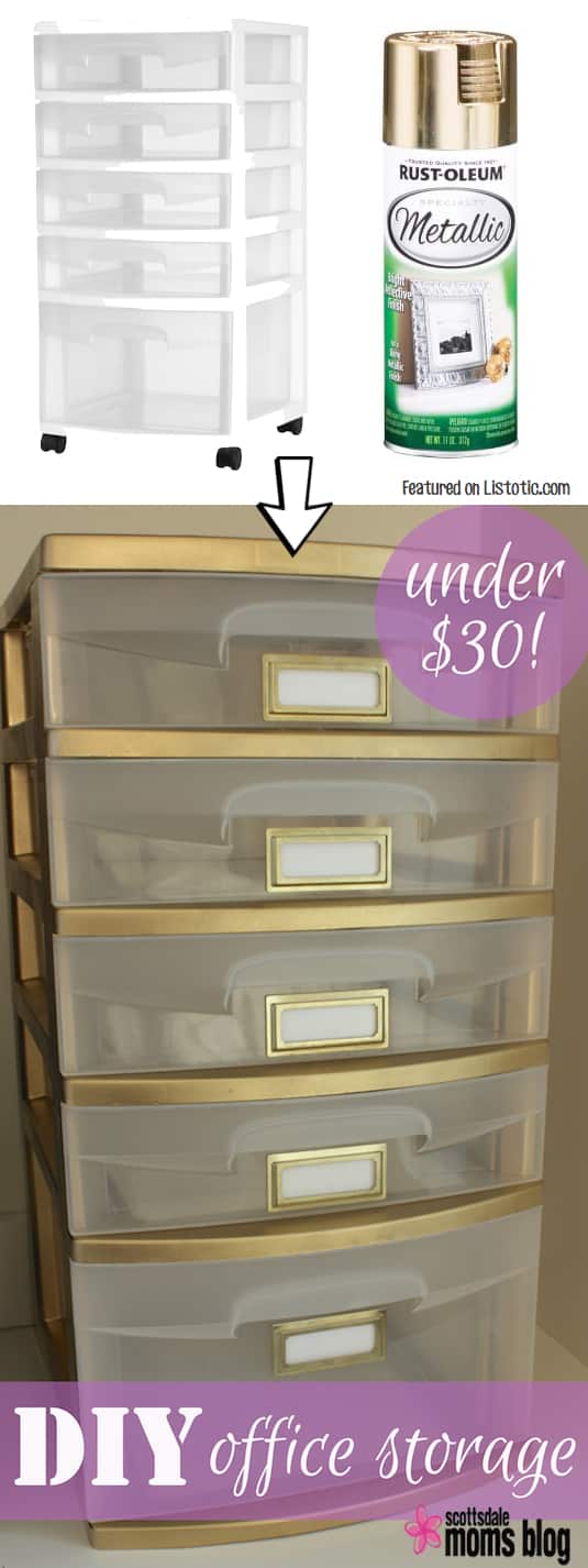 Give your plastic storage drawers a face-lift with spray paint! Perfect for a home office. -- Home decor ideas for cheap! Lots of Awesome and Easy DIY spray paint ideas for projects, home decor, wall art and furniture!! This makes refurbishing old things so much fun! Just visit thrift stores and dollar stores to make things on a budget! Listotic.com