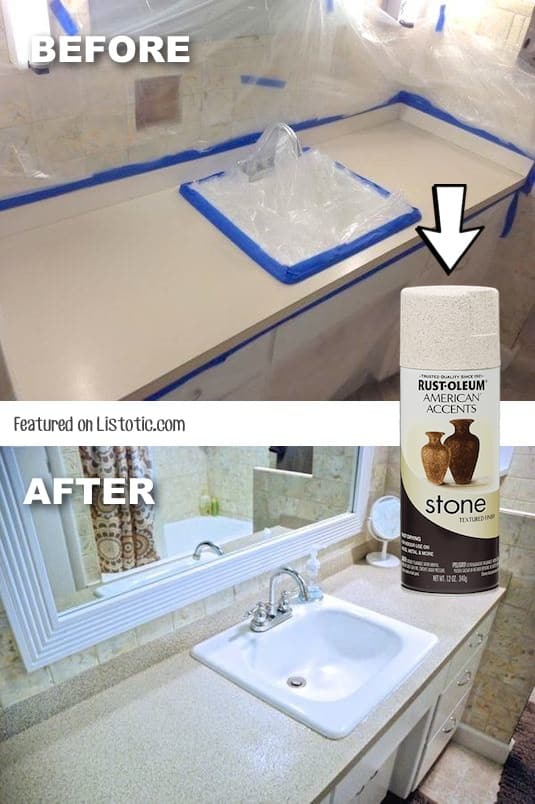  How to update your countertops with stone spray paint for cheap! -- Home decor ideas for cheap! Lots of Awesome and Easy DIY spray paint ideas for projects, home decor, wall art and furniture!! This makes refurbishing old things so much fun! Just visit thrift stores and dollar stores to make things on a budget! Listotic.com