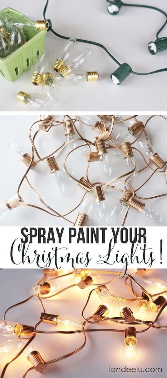 Customize your Christmas lights with spray paint. Cheap Christmas home decor idea. -- Home decor ideas for cheap! Lots of Awesome and Easy DIY spray paint ideas for projects, home decor, wall art and furniture!! This makes refurbishing old things so much fun! Just visit thrift stores and dollar stores to make things on a budget! Listotic.com