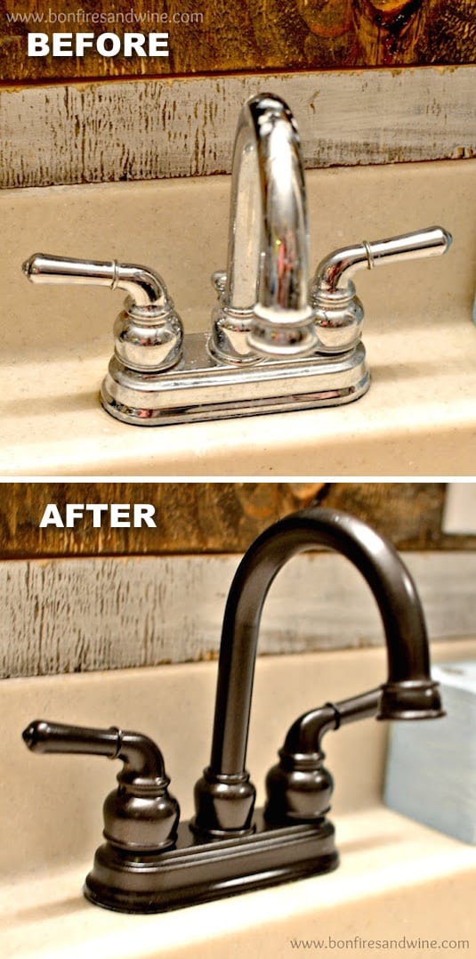 Revamp old faucets with spray paint! How to update a bathroom for cheap. -- Home decor ideas for cheap! Lots of Awesome and Easy DIY spray paint ideas for projects, home decor, wall art and furniture!! This makes refurbishing old things so much fun! Just visit thrift stores and dollar stores to make things on a budget! Listotic.com