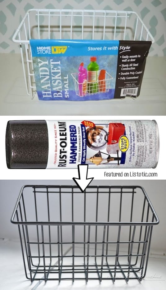 #5. DIY industrial wire baskets using spray paint! -- Home decor ideas for cheap! Lots of Awesome and Easy DIY spray paint ideas for projects, home decor, wall art and furniture!! This makes refurbishing old things so much fun! Just visit thrift stores and dollar stores to make things on a budget! Listotic.com