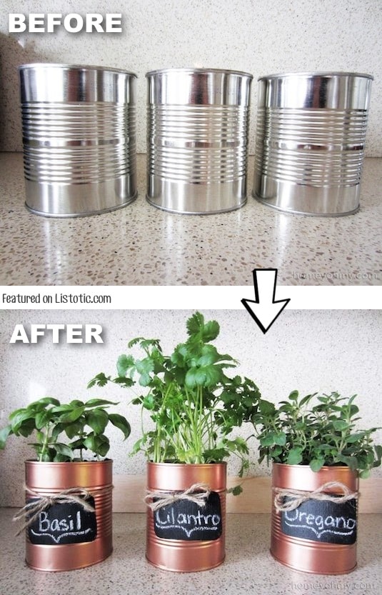 #6. Don't throw away those tins cans, spray paint them and use them as pots, vases, or pencil organizers! -- Home decor ideas for cheap! Lots of Awesome and Easy DIY spray paint ideas for projects, home decor, wall art and furniture!! This makes refurbishing old things so much fun! Just visit thrift stores and dollar stores to make things on a budget! Listotic.com