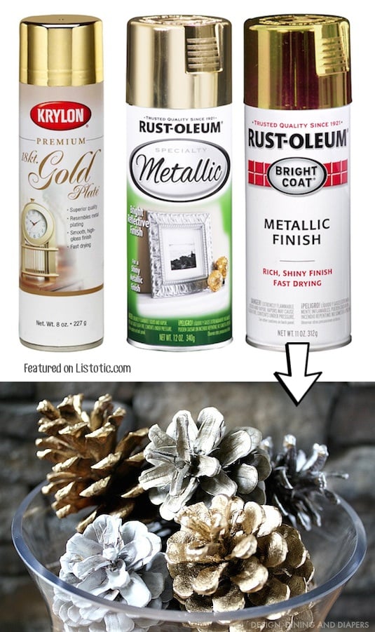 Spray paint pinecones for pretty and cheap Christmas decor! -- Home decor ideas for cheap! Lots of Awesome and Easy DIY spray paint ideas for projects, home decor, wall art and furniture!! This makes refurbishing old things so much fun! Just visit thrift stores and dollar stores to make things on a budget! Listotic.com