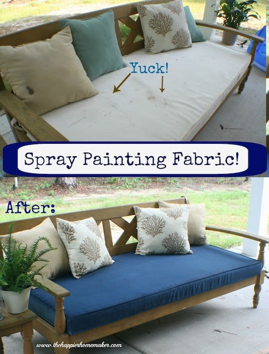 #8. Restore furniture cushions with fabric spray paint! -- Home decor ideas for cheap! Lots of Awesome and Easy DIY spray paint ideas for projects, home decor, wall art and furniture!! This makes refurbishing old things so much fun! Just visit thrift stores and dollar stores to make things on a budget! Listotic.com